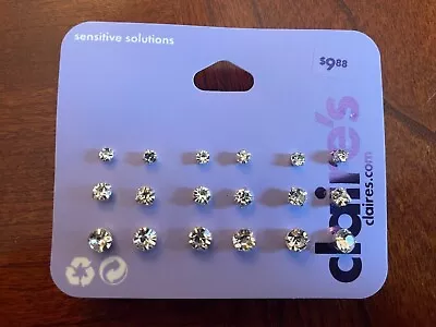 NEW 9 Pack Silver Rhinestone Multiple Size Stud Earrings From Claire's • $4.95