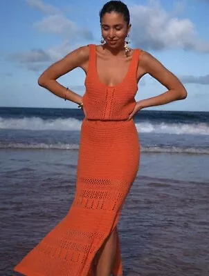 Kivari Riza Dress Size 14 Orange Crochet Knit Dress Sleeveless Midi 100% Cotton • $160