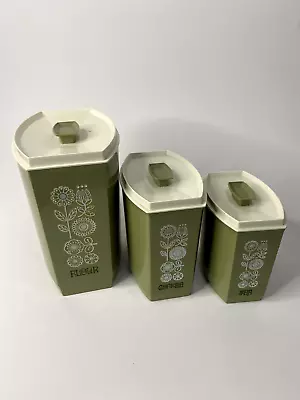 Vintage Set 3 Lustro Ware Avocado Green Nesting Canisters Flour Coffee Tea &Lids • $29.98