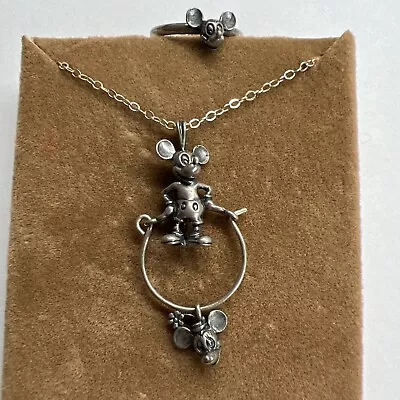 Sterling Mickey Mouse Charm Holder Necklace W/ Minnie Charm And Mickey Ring • $199.99