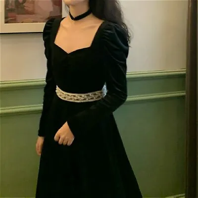 Women Ladies Velvet Dress Long Puff Sleeve Lace Retro Victorian Black Gothic • £37.52