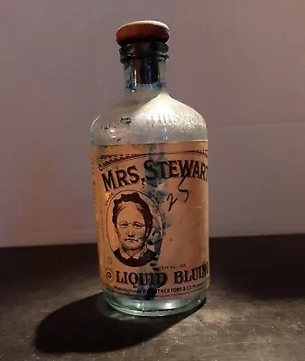 Vtg Mrs. Stewart's Liquid Bluing Cork Top Bottle Clear Glass Liquid Empty USA  • $11.99