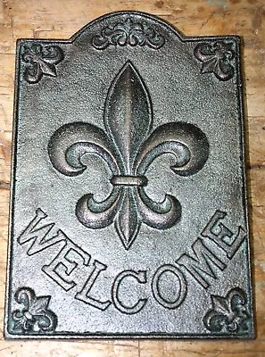 Large Cast Iron FLEUR DE LIS WELCOME Plaque Finial Garden Sign Home Decor GREEN • $9.99