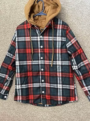 Men’s Red Plaid Button Zip Up Brown Hoodie Jacket Size Medium • $26.99