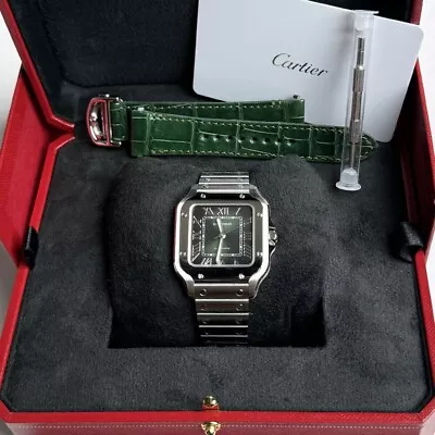 New Cartier Santos 2024 Medium Green Dial Steel Leather Unisex Watch WSSA0061 • $6899