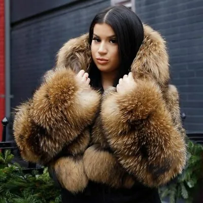 New Natural Raccoon Coat Hooded Women Luxury Fur Jacket Warm Overcoat Winter  • $381.05