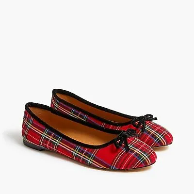 J Crew BC183 NWT Size 5.5 Holiday Red Tartan Plaid Ballet Flats W/ Velvet Piping • $45.49