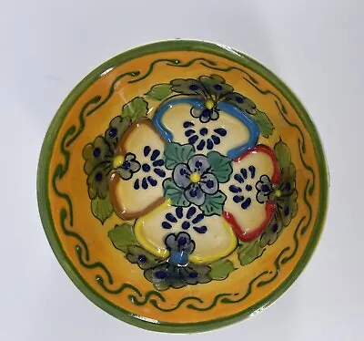 Mexican Clay Folk Art Trinket Dish Small Bowl Floral Hand Painted Textured Gift • $14