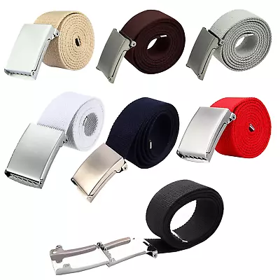 Mens Womens Unisex Cotton Canvas Fabric Webbing Silver Buckle Belt Army 7 Colour • £4.29