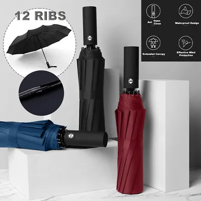 Men Women 12 Ribs Stormproof Automatic Strong Folding Windproof Umbrella 3 Color • £13.62