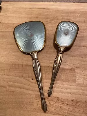 Vintage Hand Held Vanity Mirror And Hair Brush Set Gold & Blue. • $15