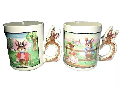 Vintage PETER RABBIT Shaped 3D Handle Easter Bunny Coffee Mug Set Of 2 • $22.49