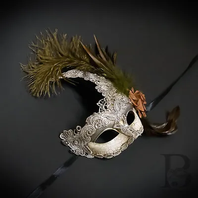 Venetian Goddess Brocade Lace Masquerade Ball Mask With Feathers [Silver] • $24.95