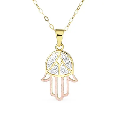 Genuine Tri Color 14K Gold Fatima Hand Of God Hamsa Pendant Necklace • £142.48