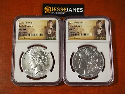 2023 $1 Silver Peace & Morgan Dollar Ngc Ms70 Early Releases Jesse James Labels • $61