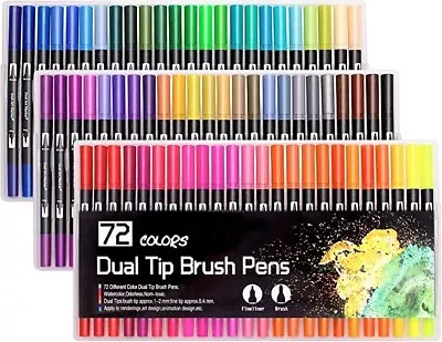 72 Dual Felt Tip Brush & Fineliner Pens Colouring Drawing Art Adults & Kids • £14.70