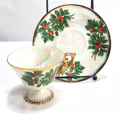 UCAGCO Footed Tea Cup & Saucer December Holly Iridescent Pearl 1950s Japan • $15