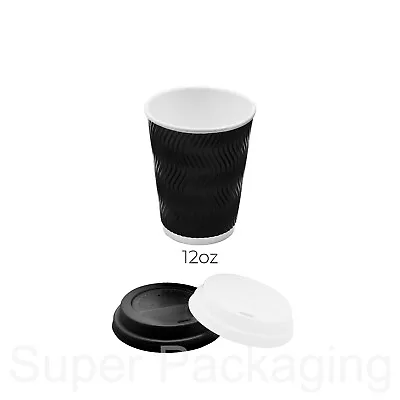 Disposable Coffee Cups Paper Cups Black - Rippled Hot Drink - With/Without Lids • £3.99