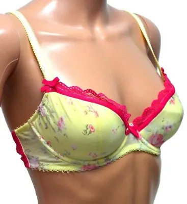 M&S Ceriso Underwired PLUNGE BRA Balcony Padded YELLOW Lemon Pink Pastel Floral  • £8.99