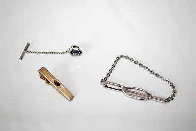 LOT Of 3 Tie Clasp - Tie Tack With Chain & Bar Silver Gold Color Etched Design • $15