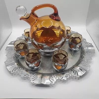 Vintage Farber Bros.Krome Kraft Amber Decanter With Stopper 6 Shot Glases & Tray • $119.99