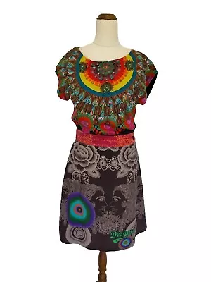 Desigual Womens Size 38/ Au 10 Colourful A-line Dress Green Stones Belt Designer • $5