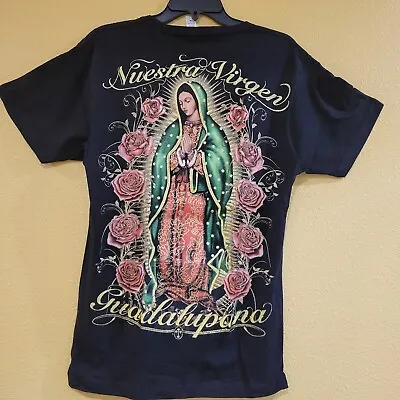 VIRGEN DE GUADALUPE T-SHIRT Nuestra Virgen Black With Glitter Sz MED Graphic Tee • $19.95