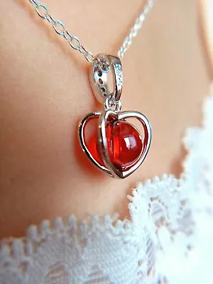 Natural Stone Pendant Opal Fire Red Love Heart 925 Sterling Silver Free Delivery • £4.75
