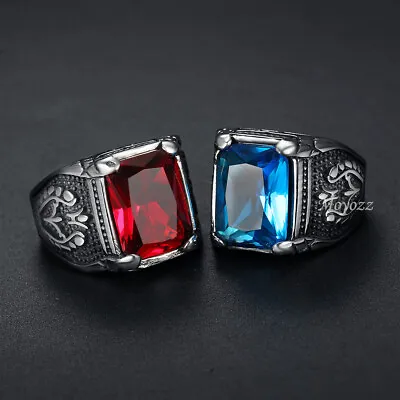 $16.99 • Buy Mens Blue Red CZ Simulated Onyx Sapphire Stone Ring Stainless Steel Size 7-15