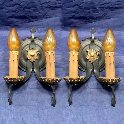 Pair Of Quality Gothic Antique Double Candle Wall Sconces 42F • $560