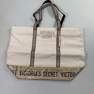 Victorias Secret Tote Weekend Canvas Beige Gold Glitter Love Victoria Shopping • $17.49