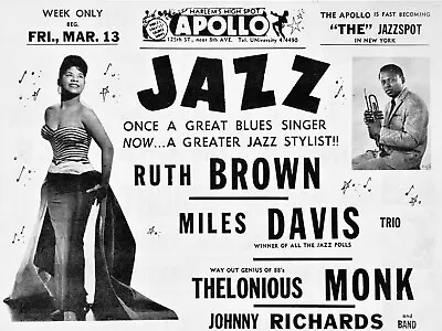 RUTH BROWN / MILES DAVIS  Apollo NYC 16  X 12  Photo Repro Concert Poster • £8