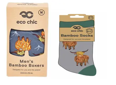 MENS GIFT Bamboo Boxer Shorts And Socks HIGHLAND COW Theme ECO CHIC  L XL • £16.99