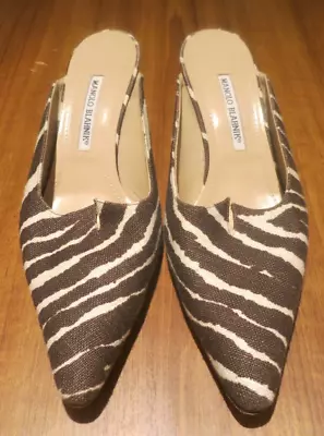 Manolo Blahnik 41 Canvas Brown Ivory Zebra Animal Mule 2.5  Kitten Dust Bag 10.5 • $200