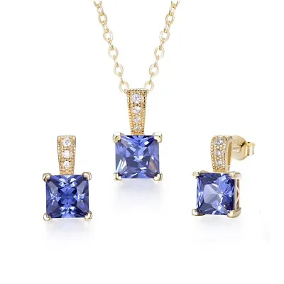 Ladies 9 Ct Gold On 925 Silver Tanzanite & White Sapphire Earring Necklace Set • £54.99