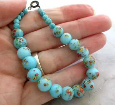 Vintage Light Baby Blue Flower Millefiori Murano Glass Beaded Bracelet 7” • $24.99