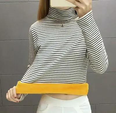 New Women Warm Striped Fleece T-shirt Winter Long Sleeve Turtleneck Stretch Tops • $16.14