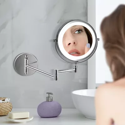 5 X Magnifying LED Chrome Wall Mounted Bathroom Mirror Shaving Make Up Round • £19.99