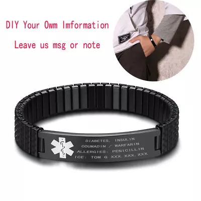 Men Medical Alert ID Spring Stretch Bracelet Armband Personalized Free Engraving • $10.99