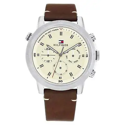 Tommy Hilfiger Dark Brown Leather Parchment Dial Multi-function Men's Watch -... • $223