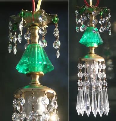 1 Vintage Lucite Emerald Green SWAG Lamp Chandelier Crystal Beads Prisms • $85