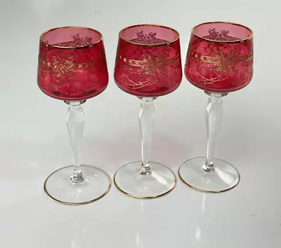 3 Antique Bohemian Moser Cranberry Cabochon Panel Wine Water Glasses Czech DK122 • $174.99