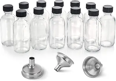 12 Pack 2 Oz Small Clear Glass Bottles With Lids & 3 Stainless Steel Funnels 60M • $16.19