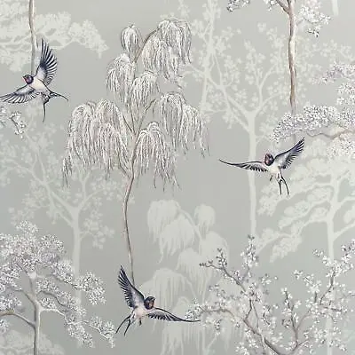 £15.99 • Buy Arthouse Japanese Garden Wallpaper Oriental Swallow Birds Trees Grey 908105