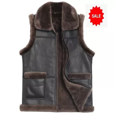 Men's Real Fur Lined Vest Thick Sleeveless  Shearling  Leather XL Size Waistcoat • $110
