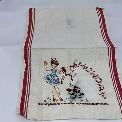 Vintage Embroidered Day Of The Week Monday Lady Washing Hand Dish Towel  20”x16 • $12.50