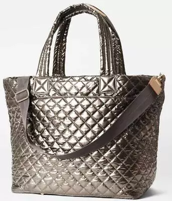 MZ WALLACE Moondust Gray Metallic Quilted Large Metro Tote Deluxe W Strap EUC • $248
