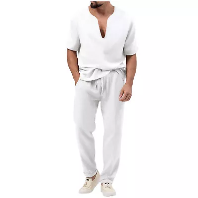 Men's 2 Pieces Cotton Linen Set V-Neck Short Sleeve Shirt And Casual Beach Pants • $31.30