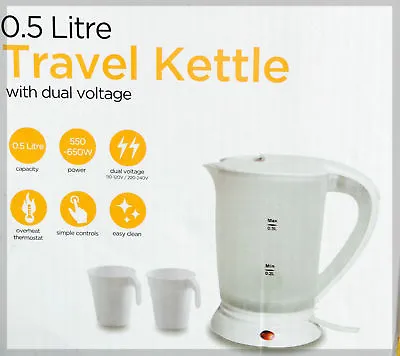 £19.79 • Buy Travel Kettle Electric New 0.5 Litre Dual Voltage Small In White Colour + 2 Cups