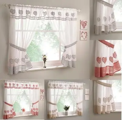 £23.89 • Buy AMOUR Kitchen Window Sets With Love Hearts & Gingham Inc Tie Backs & Valance